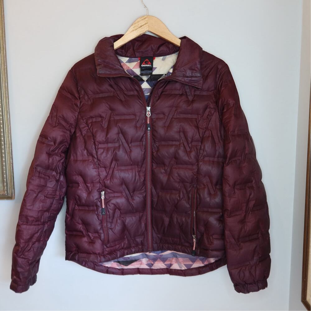 Gerry Down Puffer Jacket Burgundy Geometric Lining Packable Womens L